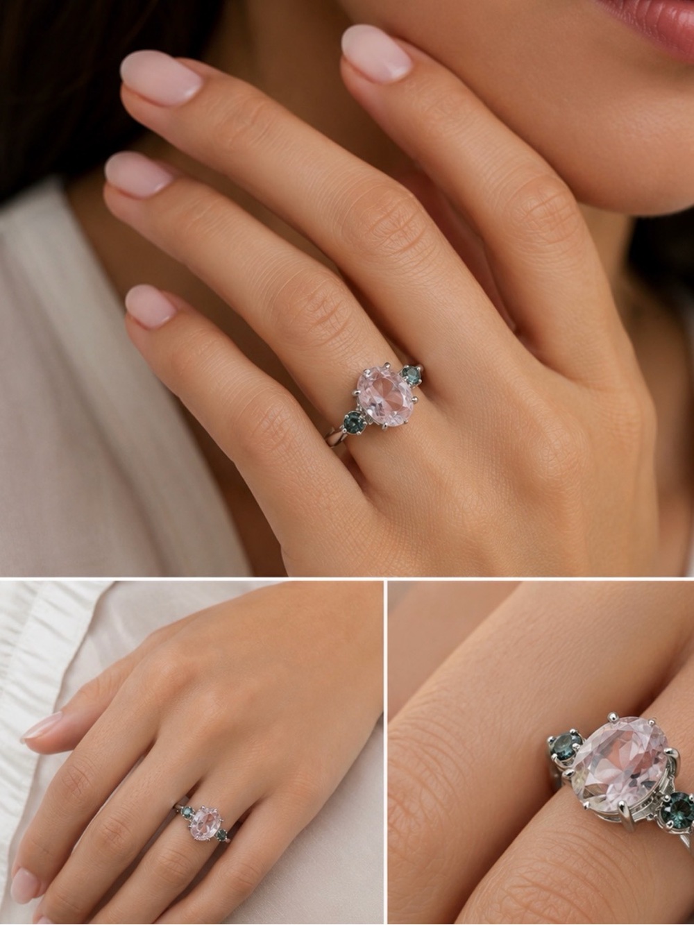 14K White Gold Natural Kunzite Blue Diamond Ring Size 9 - 2.5 Grams